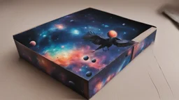 a box 10 cm long by 5 cm wide and 25 cm high, drawn on a box on all sides, space, tress, planets, crow galaxies a lot of colours, very realistic