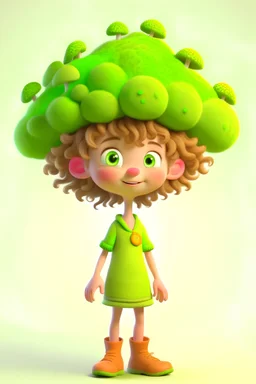 Trichoderma is a filamentous fungus, its mycelium is white, and the conidial clusters at the top of the mycelium are green. I hope to draw a 3D cartoon character based on Trichoderma's characteristics. The cartoon character is a very cute little girl. His hair is brown and long. She had fair skin and was wearing a white nurse's suit with the word Trichoderma written on it. The shape of the cap on her head is a reference to trichoderma conidium clusters, and the color of the cap is also white.