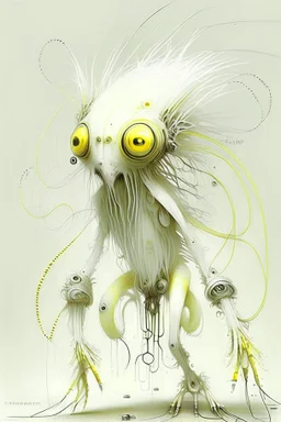 Artist Jean-Baptiste Monge style. A mechanical humanoid pale yellow filament-creature. White furry liquid tendrils. White eyes.