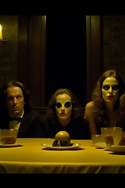 Spooky, ultra realistic distress, dining, ultra realistic hot woman, nose, giant eye on a table, organic hot bondes, bredst, dynamic, anguish, Stanley Kubrik Eyes wide shut, excited and lively scene, hypermaximalist figures, Creepy the Ring Alfred Hitchcock, Sam Raimi, insanely detailed, sinister, John Carpenter, Dario Argento, ornate