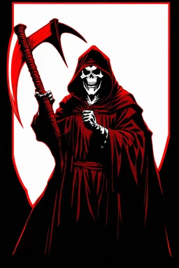 hooded Grim-Reaper gripping scythe(upward), vignette, black and white graphic novel style with a red outline, and black background,