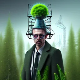 portrait of mad scientist in coat, metal mad hat ,cell towers overgrown with plants, autmn, mist, spotlights, spray paint art, book illustration, 4k, high detail