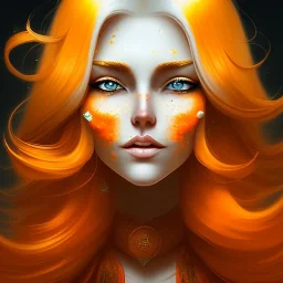 fantasy setting, woman, orange and white hair, wavy hair, freckles, ranger, more orange hair, more white hair, two-toned streaked hair