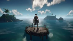 A survivor man on sea shore of an Island, standing on his raft, graphics quality unreal engine and person should be in center of screen. make it look a bit real