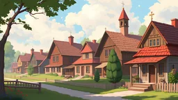 a painting of classical belarusian village, Belarus, wooden houses, colorfull :: traditional belarusian architecture, belarusian scene painting :: a storybook illustration by James Gilleard, behance contest winner, 2d game art, storybook illustration, pastel color palette