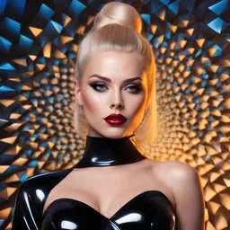 an image of a woman wearing black shiny, shinest, glistening latex short dress, blond hair with black blue radial gradient style background. vivid colors, perfect proportions masterpiece art meticulously composed, 8k""