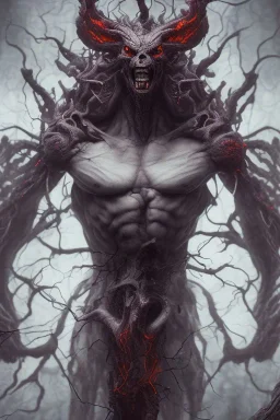 Full body photography of ethereal ANGRY DEMON , Fire theme art, Dark moody night atmosphere, by Michelangelo, 8K, high body details, anatomically perfect body, oak tree roots, purple, red, armed with guns ,