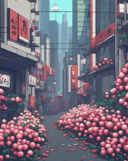 pixel art tokyo. 3d pixel art 4k wallpaper. incredible pixel art details. flowers. pixel art. lots of flowers in foreground