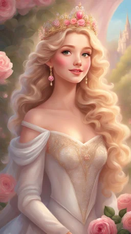 Adorable digital painting of a beautiful girl in a gorgeous elegant wedding dress, portrait of Princess Aurora, sparkling crown, front view, beautiful smile, shiny golden curly hair, angel eyes, beautiful face, rosy cheeks, pink lips, Aurora's face, digital art, surrounded by garden and roses in the background, romantic style, dream world, high quality, 4k