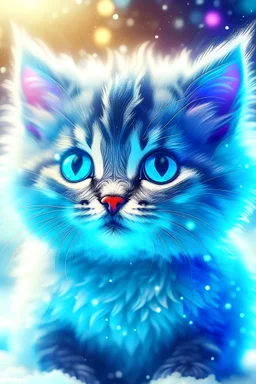 little fluffy blue kitten play with snowflakes, detailed eyes with highlights, original style, cute, cute and charming, fantasy with glowing eyes, sparkling Sun, soft light, glitter, professional photo, beautiful,3d, realistic, 8k, high resolution, highly detailed digital painting