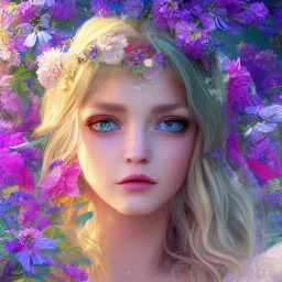  Beautiful and bright goddess of spring,delicate flowers,blue eyes, knees up portrait, fantastical, intricate detail, splash screen, complementary colors, fantasy concept art, 8k resolution, Unreal Engine 5"