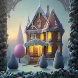 closeup render of rambling, Victorian house made of gingerbread and vibrant candy, cotton candy trees and gumdrop walkway, 8k resolution, centered, high-quality, ultrafine-detail, digital art, detailed matte, volumetric lighting, illustration, 3D octane render, brian froud, howard lyon, greg rutowski, George Grie