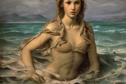 woman in camo swim in deep water by andrea del sarto