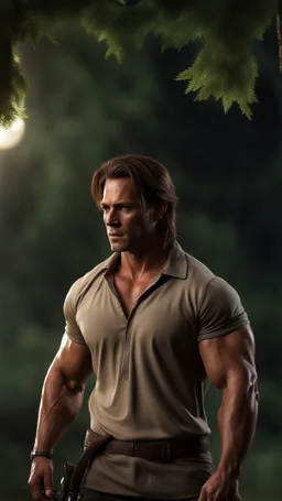 muscular 35 year old male with messy light brown hair wearing a loose fitting shirt, photorealistic, dark fantasy, outside scene