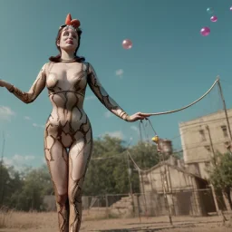 Ultra realistic circus scene. Classic snake woman, waist up view, Wes Anderson style, happy, bubbles, highly detailed, concept art, unreal engine 5, god rays, ray tracing, RTX, lumen lighting, ultra detail, volumetric lighting, 3d, finely drawn, high definition, high resolution.