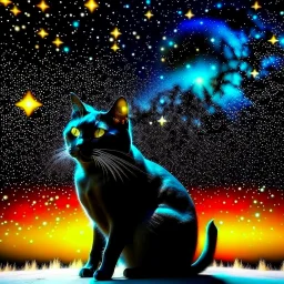 black cat on Halloween dancing with pumpkins in the photo of the starry sky