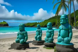 A greenish blue beach with Hawaiian tiki statues painted by Paul Gauguin