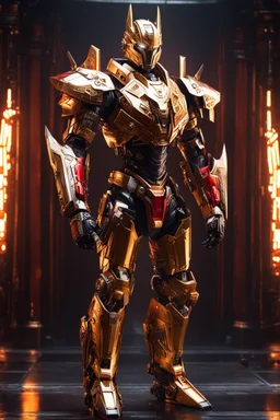 Dark Lord Evil mechanical robo warrior character, anthropomorphic figure, wearing futuristic mecha warrior armor and weapons, reflection mapping, realistic figure, hyperdetailed, cinematic lighting photography, 32k uhd with a golden staff, red lighting on suit