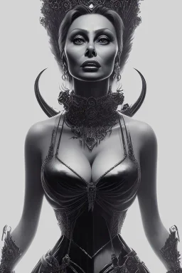 Sophia Loren as evil queen in black leather, cleavage, angry, stern look. character design by cory loftis, fenghua zhong, ryohei hase, ismail inceoglu and ruan jia. unreal engine 5, artistic lighting, highly detailed, photorealistic, fantasy