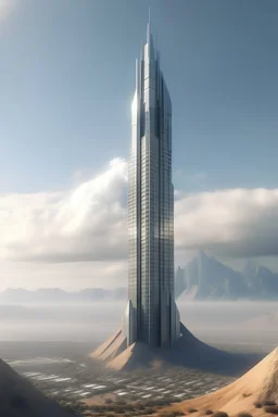 A realistic picture of a skyscraper in an Arab country, as it would appear in 2030, between the mountains