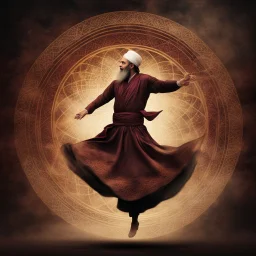 Hyper Realistic Sufi Whirling with brown & Maroon, Islamic Sufi Rustic Grungy golden-glowing Patterned-Background at night with black fog