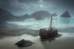 Small shipwreck at beachside, fantasy, mystical