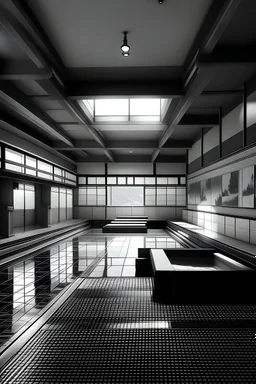 public Onsen large space , interior, manga style, black and white, Japanese culture
