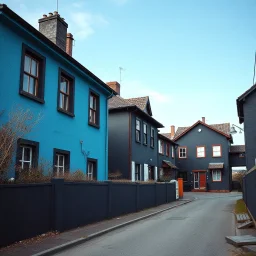 Fotografia di strada assurda e falsa a Magog blu weirdcore dai colori vivaci. Non luogo falso, inusuale. Max Ernst. Le case sono false e dipinte di nero chiaro con cose stilizzate e dettagli. Ci sono finestrelle false quadrate, che danno un senso distopico e molto surreale, disposte in modo casuale. L'atmosfera generale sembra noiosa e onirica, con un contrasto tra elementi reali ed elementi dipinti falsi