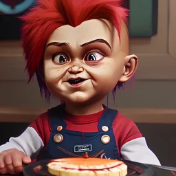 create me an ultra realistic chucky doll celebrating his 35th birthday by stabbing the cake with his knife