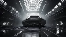 girl waving goodbye as sci-fi futuristic train departing inside dark, wet, mysterious gigantic old futuristic sci-fi hangar, very high ceiling, photographic, black and white