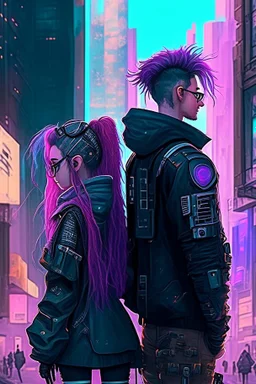 Science fiction, cyberpunk, city, couple girl and guy, together, love at first sight