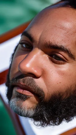 top view close up photography of a muscular chubby burly bearded marocan fisherman relaxing sunbathing sitted in a small fischer wooden boat , bulge, tattoo, ugly, 49 years old, short beard, bullneck, emotive eyes, photorealistic, 35mm lens, Canon EOS, 8k