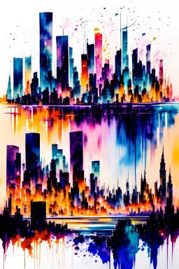 Watercolor, abstract, impressionist, not much detail patterns: Delight in the chaos of a city skyline, with abstract forms capturing the energy and vibrancy of urban life in a dynamic and captivating composition.