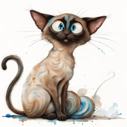 Small cursive signature Meezer3 (transparent white) in the lower right corner, delicate and integrated into the painting. Oriental shorthair Siamese chocolate point cat with vivid blue eyes. art style. Mixture of techniques. Scratched paint, peeling paint, dry brush, watercolor washes, ghost image details, blotted paint areas. Mixed media; gouache, alcohol ink, oil crayon, conté crayon, pastel and collage. Colorful Concentric Rings of a polished Agate Slice. ChatGPT