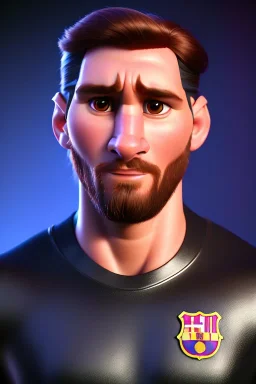 Realistic Messi Portrait, American shot view, Argentina player dress, 3d, 3d Disney face style, photo studio, clean background, unreal engine 5, ray tracing, RTX, lumen lighting, ultra detail, volumetric lighting.