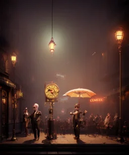 steampunk cabaret scene. old man. little monkey, Sunglasses, rain, smoking, happy, hot. Many people background, highly detailed, concept art, unreal engine 5, god rays, ray tracing, RTX, lumen lighting, ultra detail, volumetric lighting, 3d, finely drawn, high definition, high resolution.