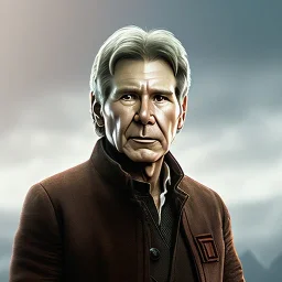 8K space background with stunning photo realistic detailed head to waist portrait of harrison ford as han solo in star wars with photo realistic short hair by Thiago Moura Januário, Sam Spratt, Yi Fan,Sharp focus, brown eyes, weathered skin,space jacket from star wars, photo realistic digital painting, octane render, intricate