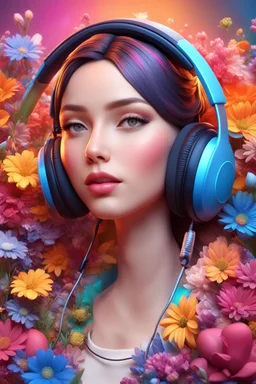 3D illustration of A beautiful woman with headphones on and a deep colorful background with full of colorful flowers, with full music elements, illustration, smooth 3d digital art, exquisite thee-dimensional rendering, 4K, blender, c4d, octane render , disney style 3d light, Zbrush sculpt, concept art, Zbrush high detail, Pinterest Creature Zbrush HD sculpt, neutral lighting, 8k detail