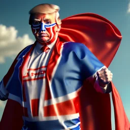 realistic image of donald trump as a mexican wrestling fighter posing outdoors, Mexican eyes wrestling mask, red and blue breeches, confederate flag cape, retro style, 80s, vibrant color, highly detailed, sky background, concept art, unreal engine 5, god rays, ray tracing, RTX, lumen lighting, ultra detail, volumetric lighting, 3d, finely drawn, high definition, high resolution.