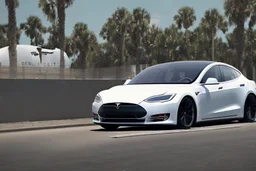 A Tesla 'Model S' is drifting at high speeds, in the 'Kennedy Space Center' in Florida. (CINEMATIC, WIDE ANGLE LENS, PHOTO REAL)