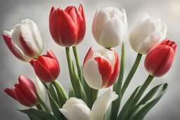 photorealistic 4 red tulips above and 2 white tulips down in a bouquet, vibrant colors, soft lighting, sharp focus, rough edges in sunshine