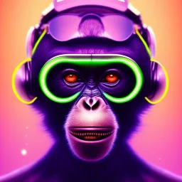 A beautiful portrait of a cyborg monkey purple neon color scheme, high key lighting, volumetric light high details psychedelic background