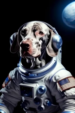a weimaraner in an astronaut suit floating in space