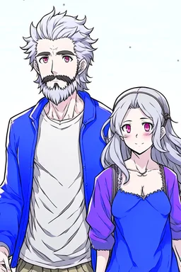 anime couple, walking, man with salt and pepper beard and woman with dark hair and blue eyes