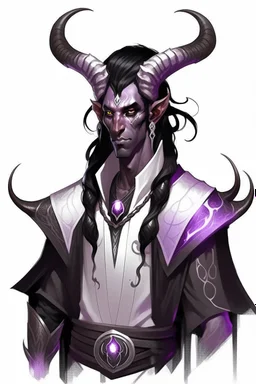 En Young male Black skin black hair tiefling White Wizard with large Black horns with a bit of Purple horns same size going from the front to the back. glowing Silver and White symbols