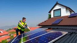 solar panel installation by 2 - 3 guys on the roof of a house, panoramic view