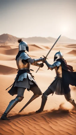 Picture of two knights fighting with swords, in the desert