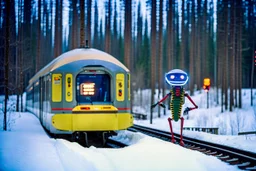 Subject(centipede robot waving a ticket), Style(futurism, cyberpunk), Location(A forest with a futuristic train station, Forest, Alberta, night, Feb, 1994), Frame(wide shot of passenger facesinterior train), Cam( Nikon, R3, anirmorphic lens, extreme bokeh blur, analog film grain,fuji film, color fading, film scratches, mold, vinegar syndrome, dirt, dust, emulsion damage, water damage, film tears, Cinemascope mumps, gate hair)