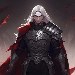 Vampire knight, young man, handsome, long white hair, black full plate armor, red cape