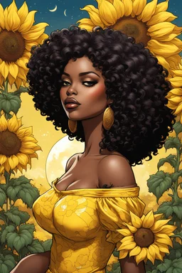 Create an comic book art image of a curvy black female wearing a yellow off the shoulder blouse and she is looking down holding the Leo astrological sign with Prominent makeup. Highly detailed tightly curly black afro. Background of large yellow sunflowers surrounding her